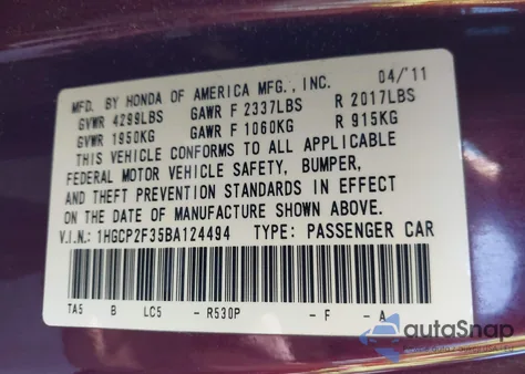 2011 Honda Accord 2.4 Lx from USA, damaged, VIN 1HGCP2F35BA124494